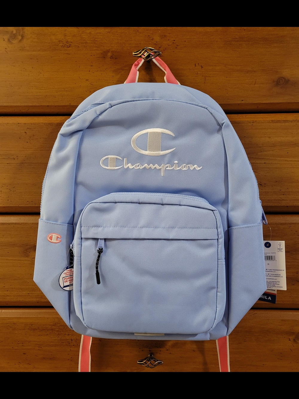 Champion Light Blue Backpack with Pink Accents